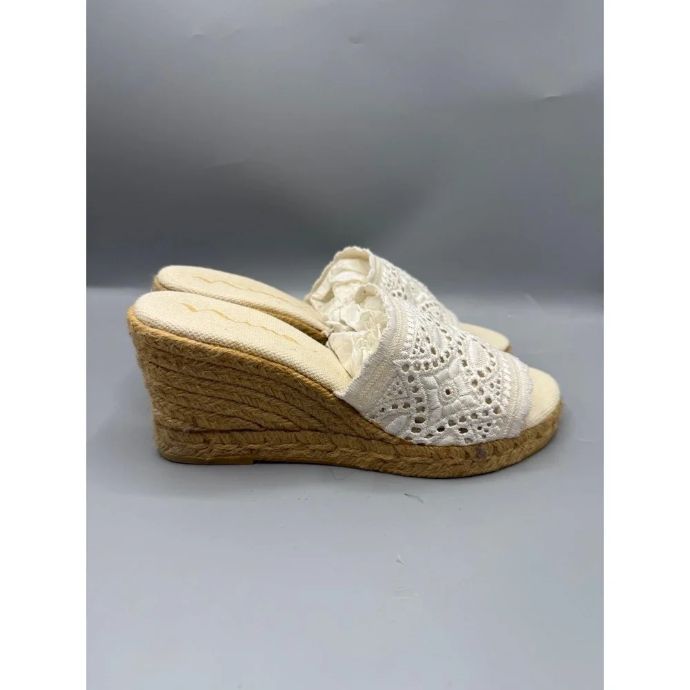 Nina‎ Espadrille Wedge Sandals 8M White Ivory Crochet Lace Open Toe Summer EUC